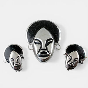 Vintage 1940s Mask Brooch Earrings Set, Retro Tribal Face Jewelry, Silver Tone